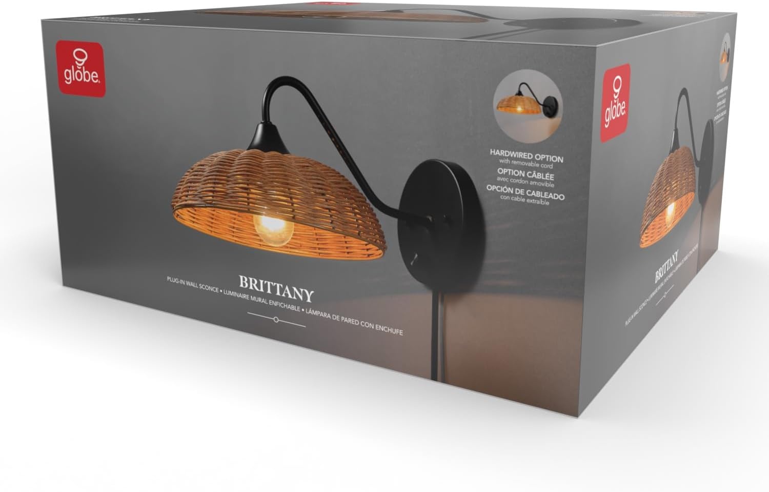 image:imageGlobe Electric 65925 2Light Plugin or Hardwire Wall Sconce Matte White Fabric Shade with Natural Rattan Accent 6ft Braided Cord inLine Rocker Switch Modern Lighting for Apartments or RentersBrittany