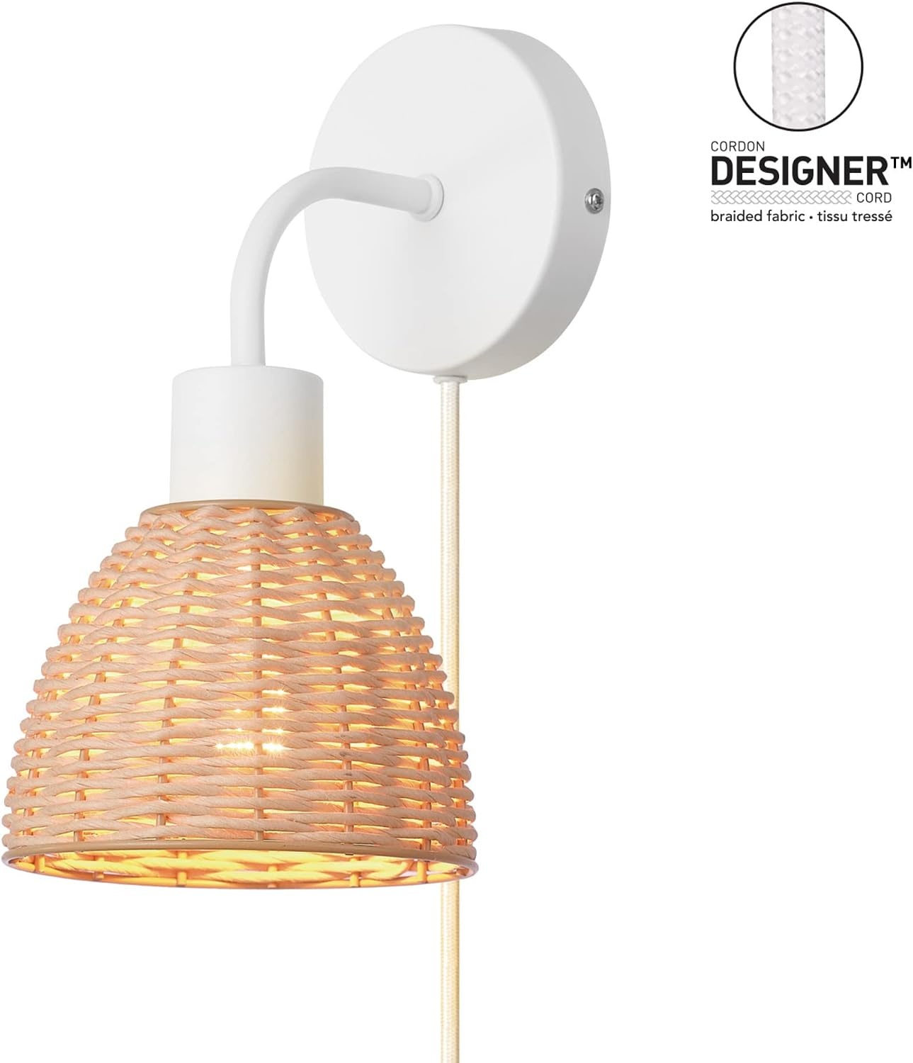 image:imageGlobe Electric 65925 2Light Plugin or Hardwire Wall Sconce Matte White Fabric Shade with Natural Rattan Accent 6ft Braided Cord inLine Rocker Switch Modern Lighting for Apartments or RentersBriar White