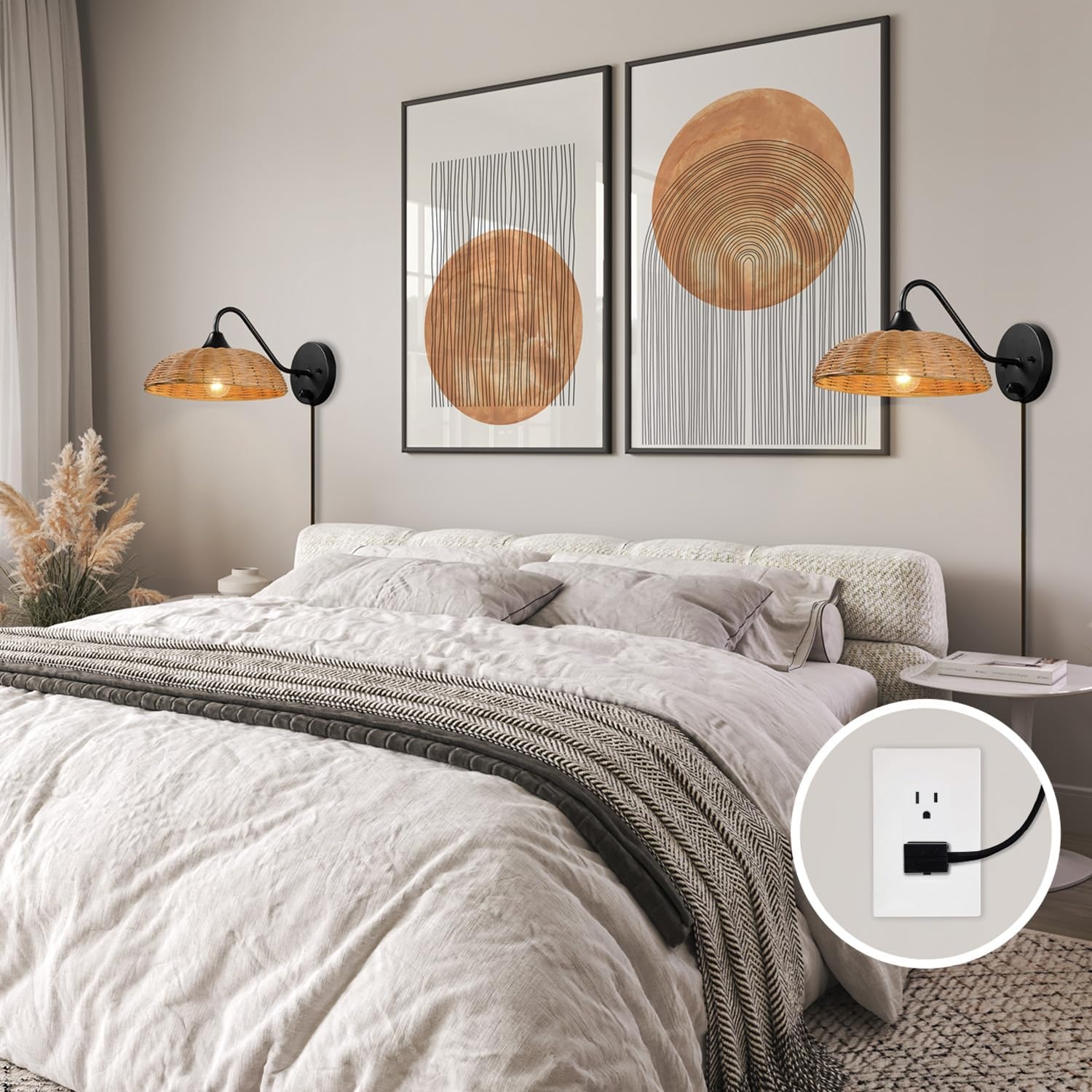 image:imageGlobe Electric 65925 2Light Plugin or Hardwire Wall Sconce Matte White Fabric Shade with Natural Rattan Accent 6ft Braided Cord inLine Rocker Switch Modern Lighting for Apartments or RentersBrittany