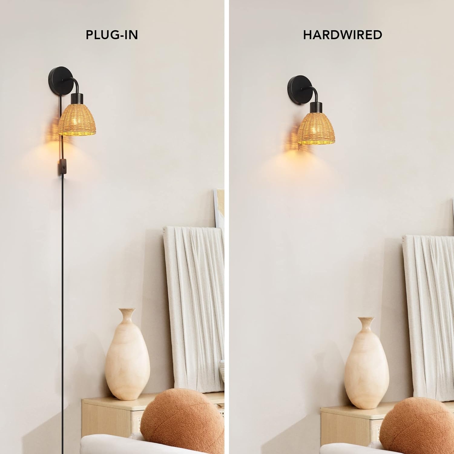 image:imageGlobe Electric 65925 2Light Plugin or Hardwire Wall Sconce Matte White Fabric Shade with Natural Rattan Accent 6ft Braided Cord inLine Rocker Switch Modern Lighting for Apartments or RentersBriar Black
