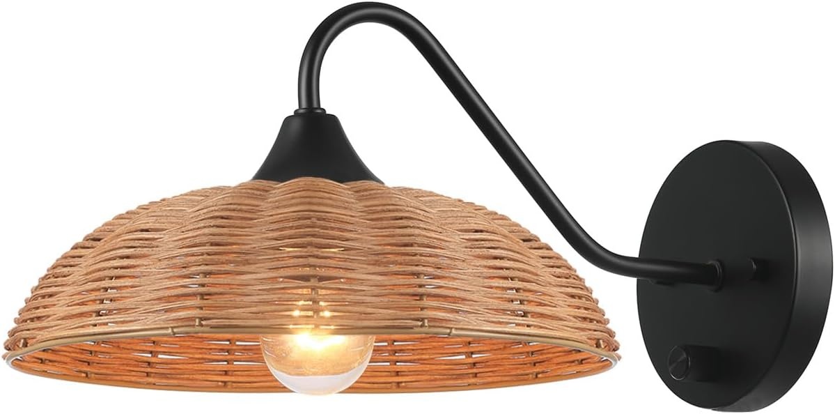 image:imageGlobe Electric 65925 2Light Plugin or Hardwire Wall Sconce Matte White Fabric Shade with Natural Rattan Accent 6ft Braided Cord inLine Rocker Switch Modern Lighting for Apartments or RentersBrittany