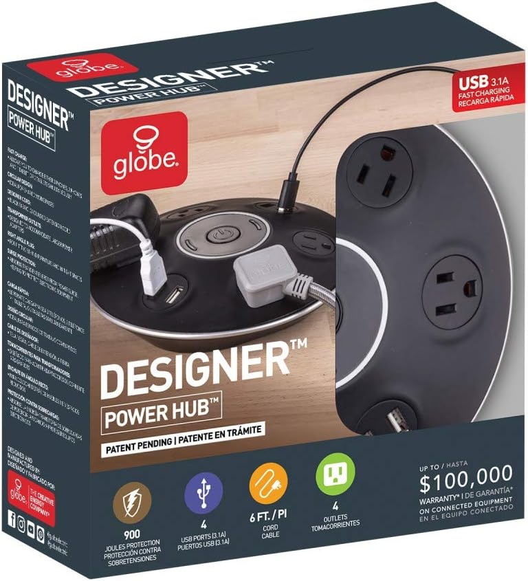 image:imageGlobe Electric 78525 4Outlet Black Surge Protector Desktop Power Strip Hub 4X USB Ports 5V31A 900 Joules Surge Protection Right Angle Plug Central OnOff Button 6ft Cord ElectronicsBlack Finish