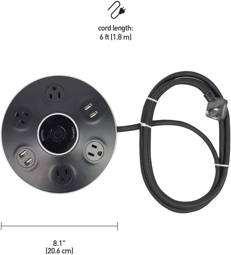image:imageGlobe Electric 78525 4Outlet Black Surge Protector Desktop Power Strip Hub 4X USB Ports 5V31A 900 Joules Surge Protection Right Angle Plug Central OnOff Button 6ft Cord ElectronicsBlack Finish