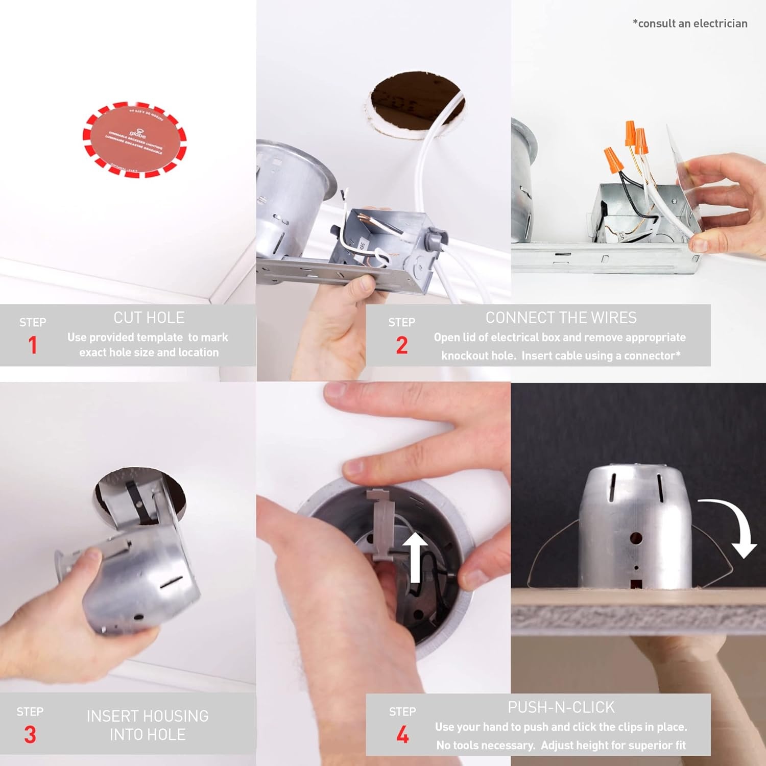 image:imageGlobe Electric 90663 4 Flush Round Trim Recessed Lighting Kit Tempered Frosted Glass White 388 Hole Size Bulb Not IncludedWhite Round 4 Inch