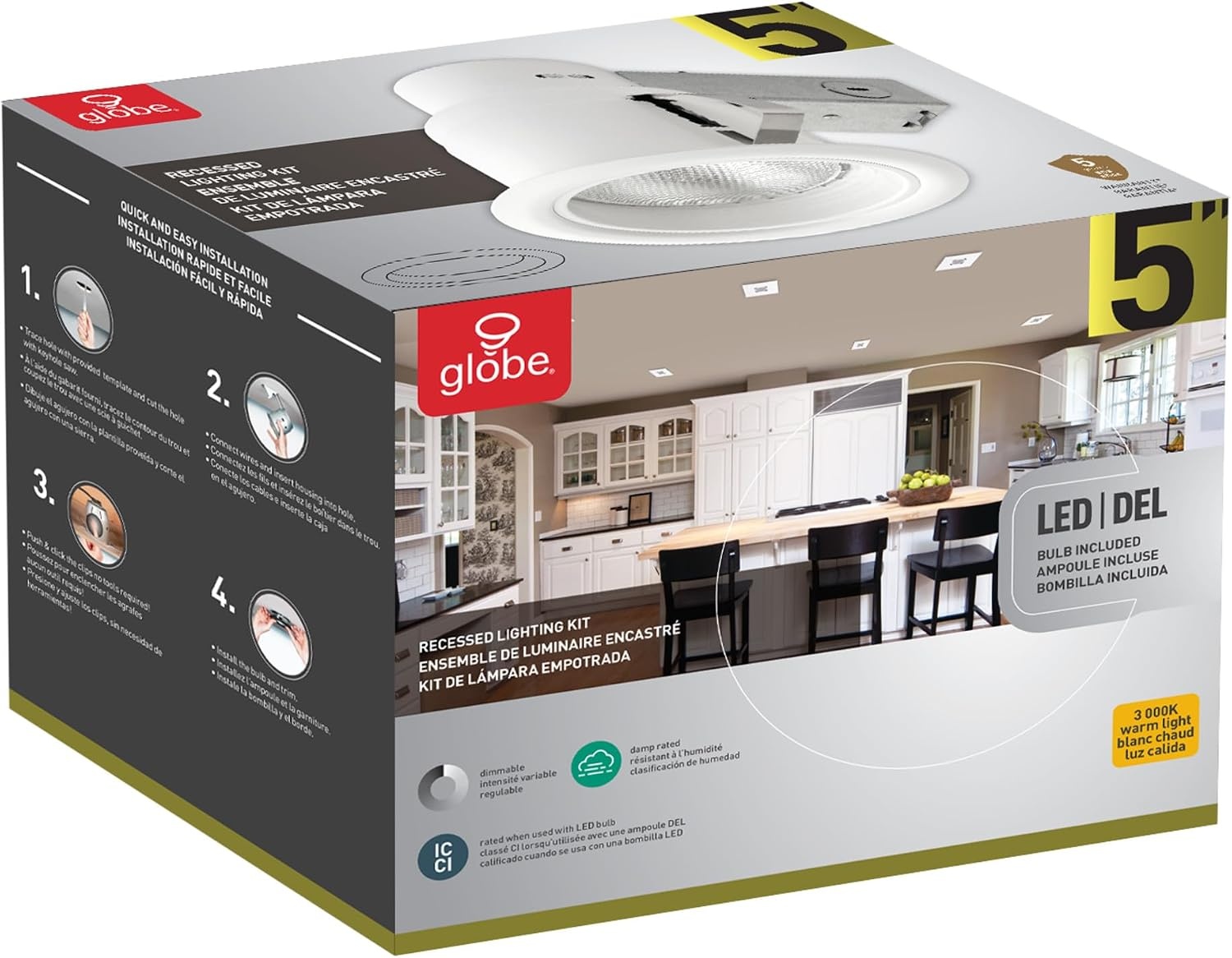 image:imageGlobe Electric 90671 5 Rust Proof IndoorOutdoor Ridged Baffle Round Trim Recessed Lighting Kit White Easy Install PushNClick Clips 45 Hole Size Dimmable Porch Light Bulb Not Included1 Pack