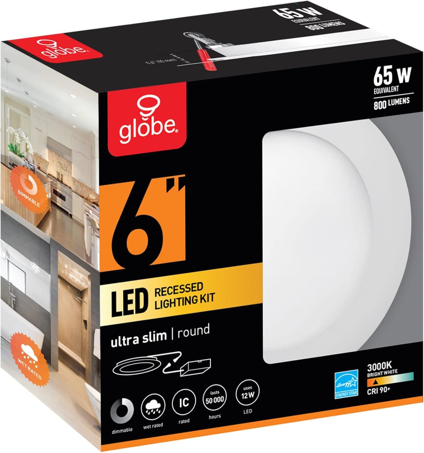 image:imageGlobe Electric 90933 6 Ultra Slim LED Integrated Recessed Lighting Kit 12 Watts Energy Star IC and Wet Rated White Finish 631 Hole Size Dimmer Switch Compatible 800 Lumens 3000K1 Pack