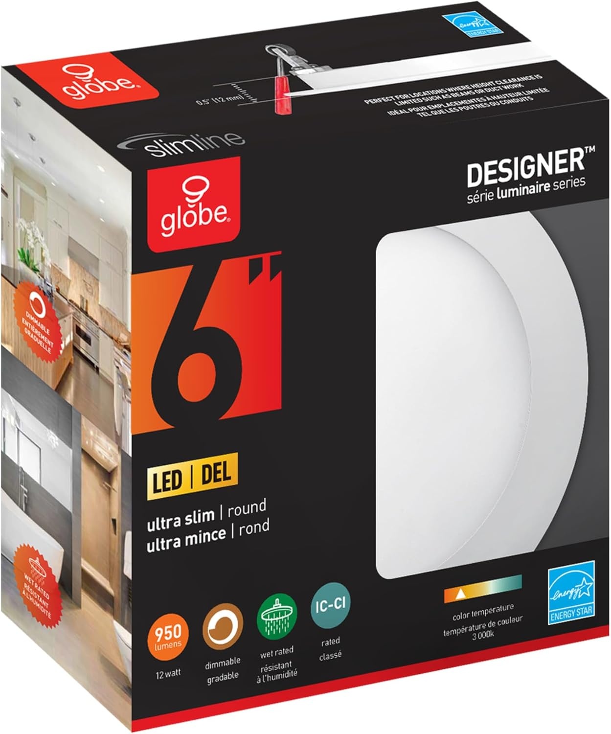 image:imageGlobe Electric 90933 6 Ultra Slim LED Integrated Recessed Lighting Kit 12 Watts Energy Star IC and Wet Rated White Finish 631 Hole Size Dimmer Switch Compatible 800 Lumens 3000K4 Pack