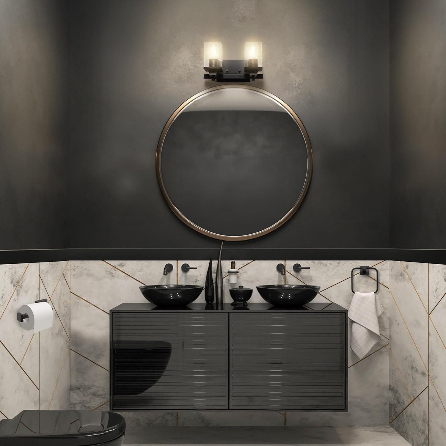 image:imageGlobe Electric 91007782 Dakota 2 Light 13 Wide Vanity Light with Towel Ring and Toilet Paper Holder Matte Black