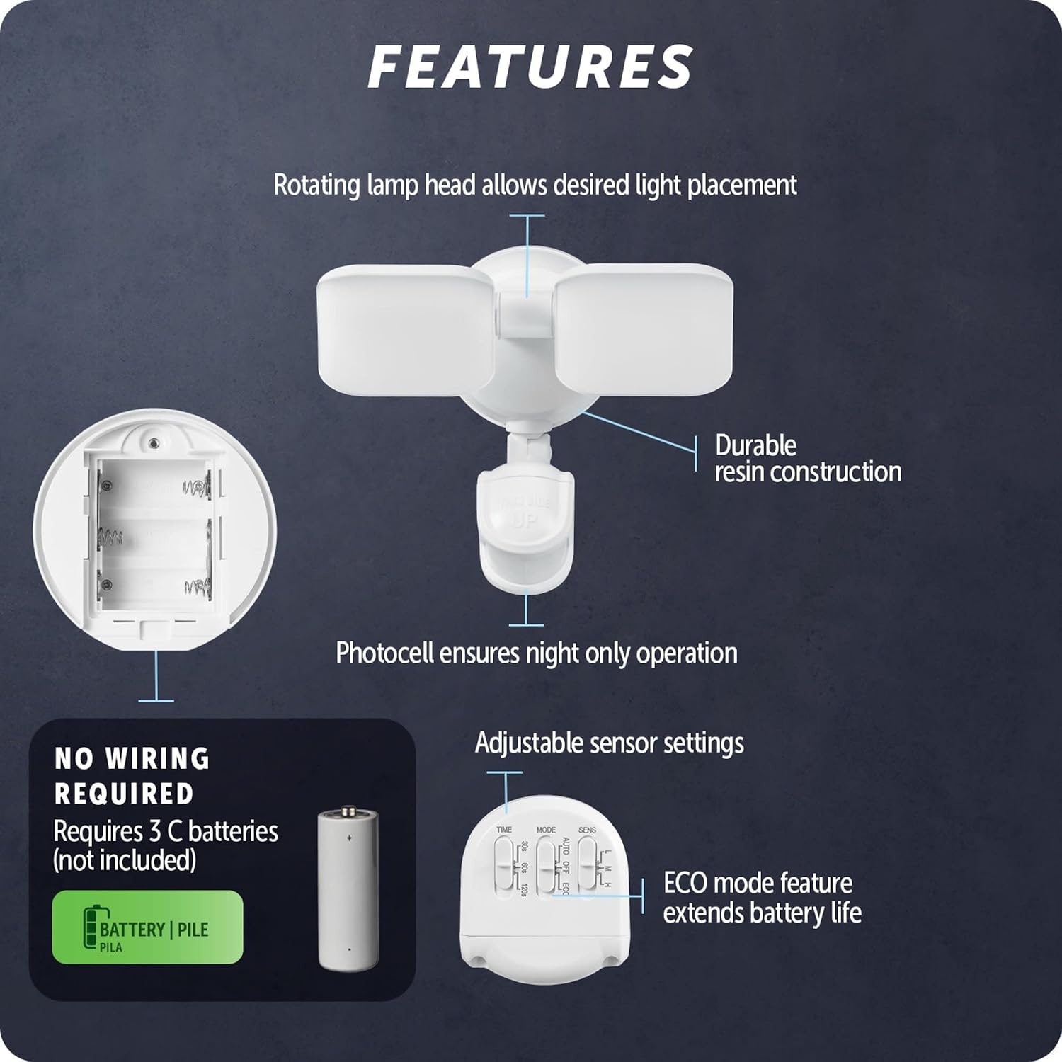 image:imageGlobe Electric 91008642 Motion Sensing Adjustable Head Double Light 8516 Wide 4000K LED Battery Powered Outdoor Security Flood Light White