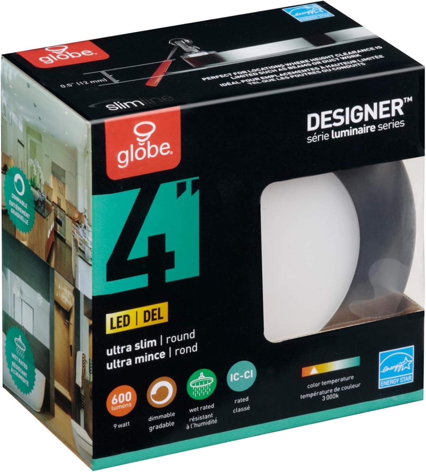 image:imageGlobe Electric 91119 4 Ultra Slim LED Integrated Recessed Lighting Kit 4Pack 9 Watts Energy Star IC Rated Dimmable Wet Rated White 425 Hole Size Bathroom Lights 540 Lumens EachBrushed Nickel
