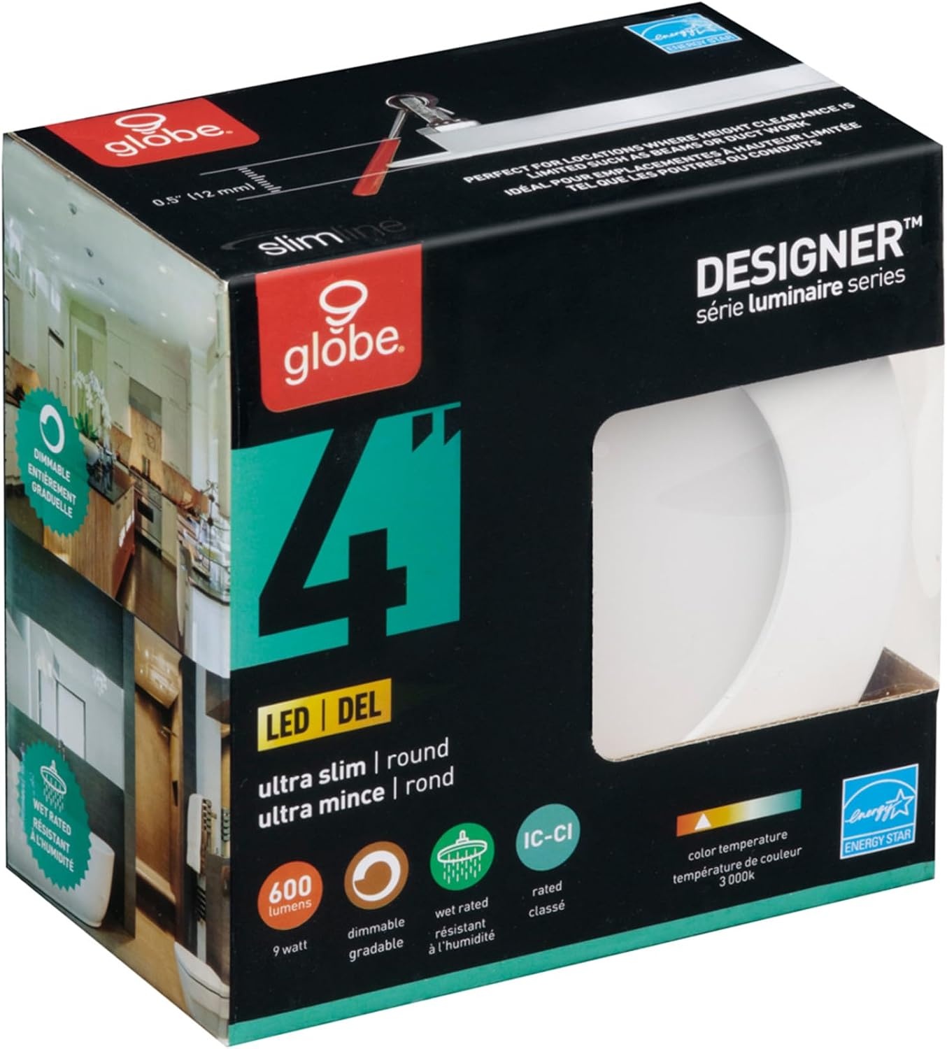image:imageGlobe Electric 91119 4 Ultra Slim LED Integrated Recessed Lighting Kit 4Pack 9 Watts Energy Star IC Rated Dimmable Wet Rated White 425 Hole Size Bathroom Lights 540 Lumens EachWhite