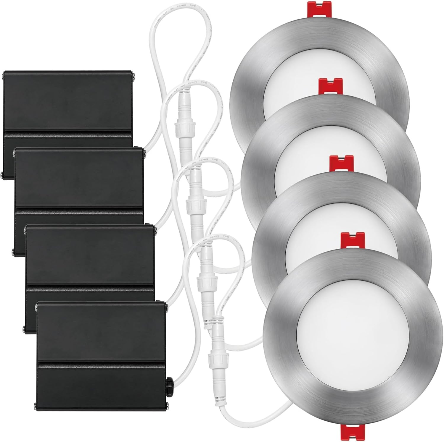 image:imageGlobe Electric 91119 4 Ultra Slim LED Integrated Recessed Lighting Kit 4Pack 9 Watts Energy Star IC Rated Dimmable Wet Rated White 425 Hole Size Bathroom Lights 540 Lumens EachBrushed Nickel