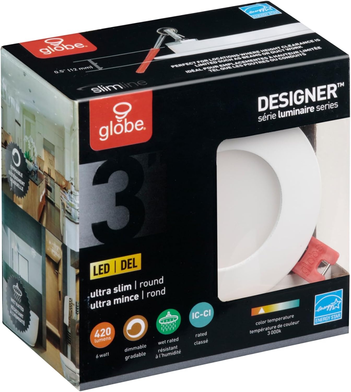 image:imageGlobe Electric 91125 3 Ultra Slim LED Integrated Recessed Lighting Kit 4Pack 6 Watts Energy Star IC and Wet Rated Dimmer Switch Compatible White Finish 325 Hole Size 420 Lumens 3000KWhite