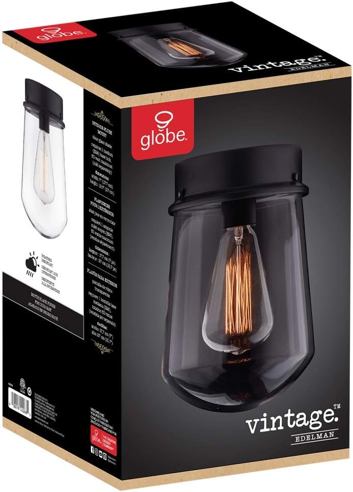image:imageGlobe Electric Edelman 1Light Outdoor Indoor Flush Mount Ceiling Light Matte Black Clear Glass Shade 44268