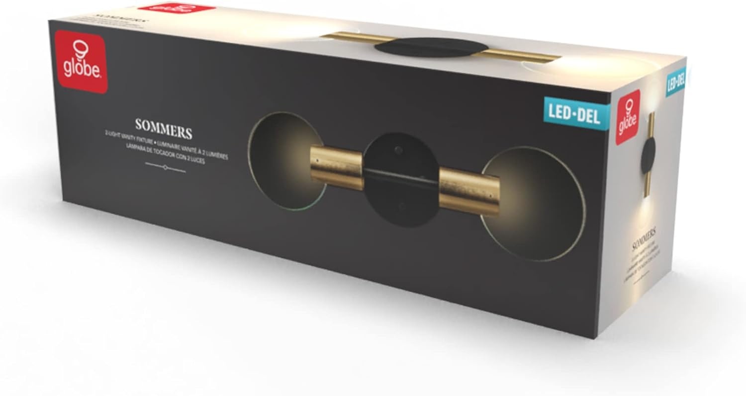 image:imageGlobe Electric Edinburgh 24 LED Integrated Vanity Light Matte Black 19W 1200 Lumens 4000 Kelvin Cool White 90 CRI Frosted Acrylic Shades Dimmable Bulb Not IncludedMatte Black Brass
