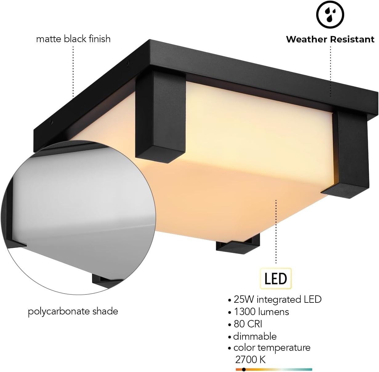image:imageGlobe Electric LED Integrated Outdoor Flush Mount Matte Black Frosted Shade 25W 1300 Lumens 2700 Kelvin 80 CRI Dimmable Weather Resistant Indoor Ceiling Light