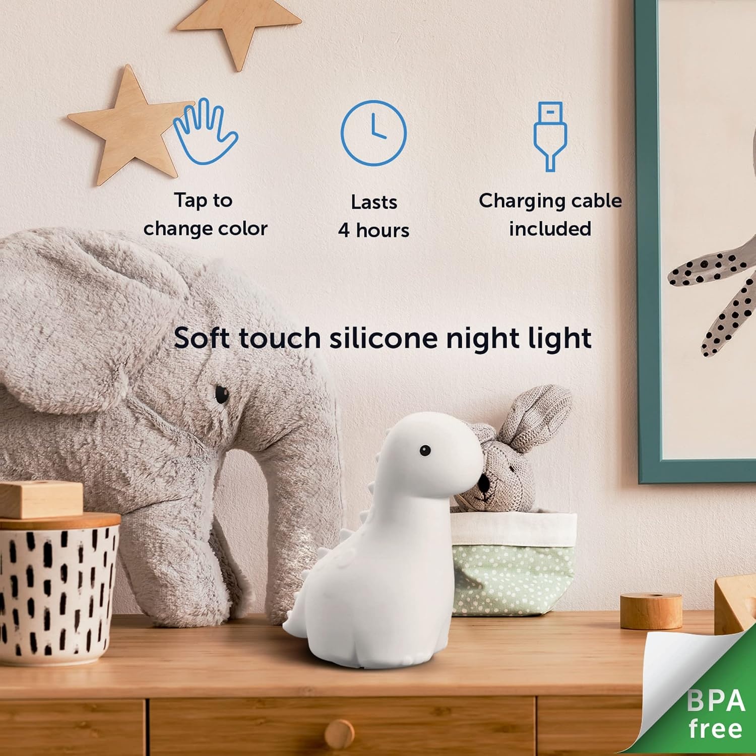 image:imageGlobe Electric Multicolor LED Silicone Night Light Brontosaurus Tap Light Rechargeable Color Changing Soft BPAFree Body Kids Nursery Dcor 13848