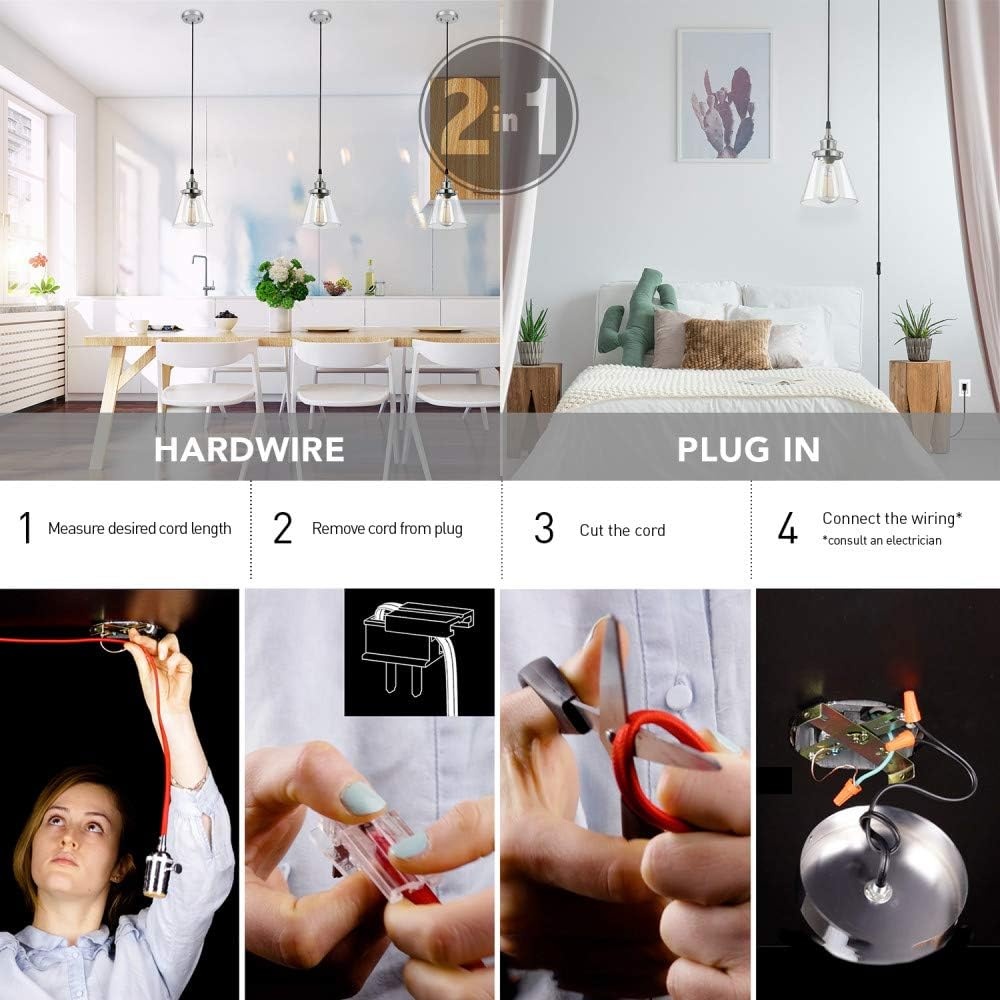 image:imageGlobe Electric Parker 1Light Plugin or Hardwire Pendant Light Chrome Clear Glass Shade 15ft Black Fabric Cord inLine OnOff Switch60713