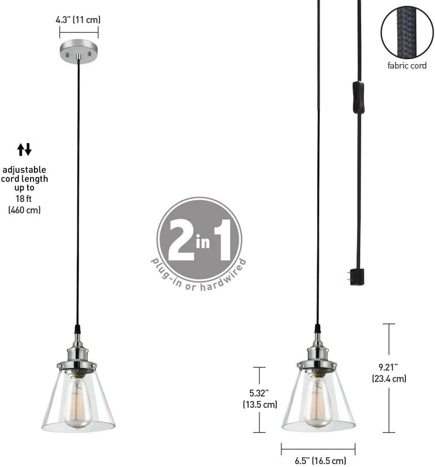 image:imageGlobe Electric Parker 1Light Plugin or Hardwire Pendant Light Chrome Clear Glass Shade 15ft Black Fabric Cord inLine OnOff Switch60713