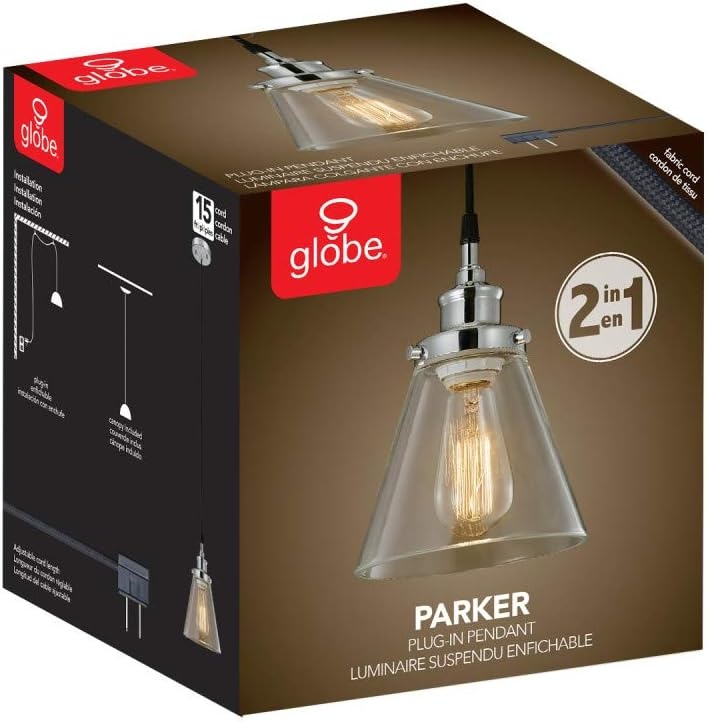 image:imageGlobe Electric Parker 1Light Plugin or Hardwire Pendant Light Chrome Clear Glass Shade 15ft Black Fabric Cord inLine OnOff Switch60713