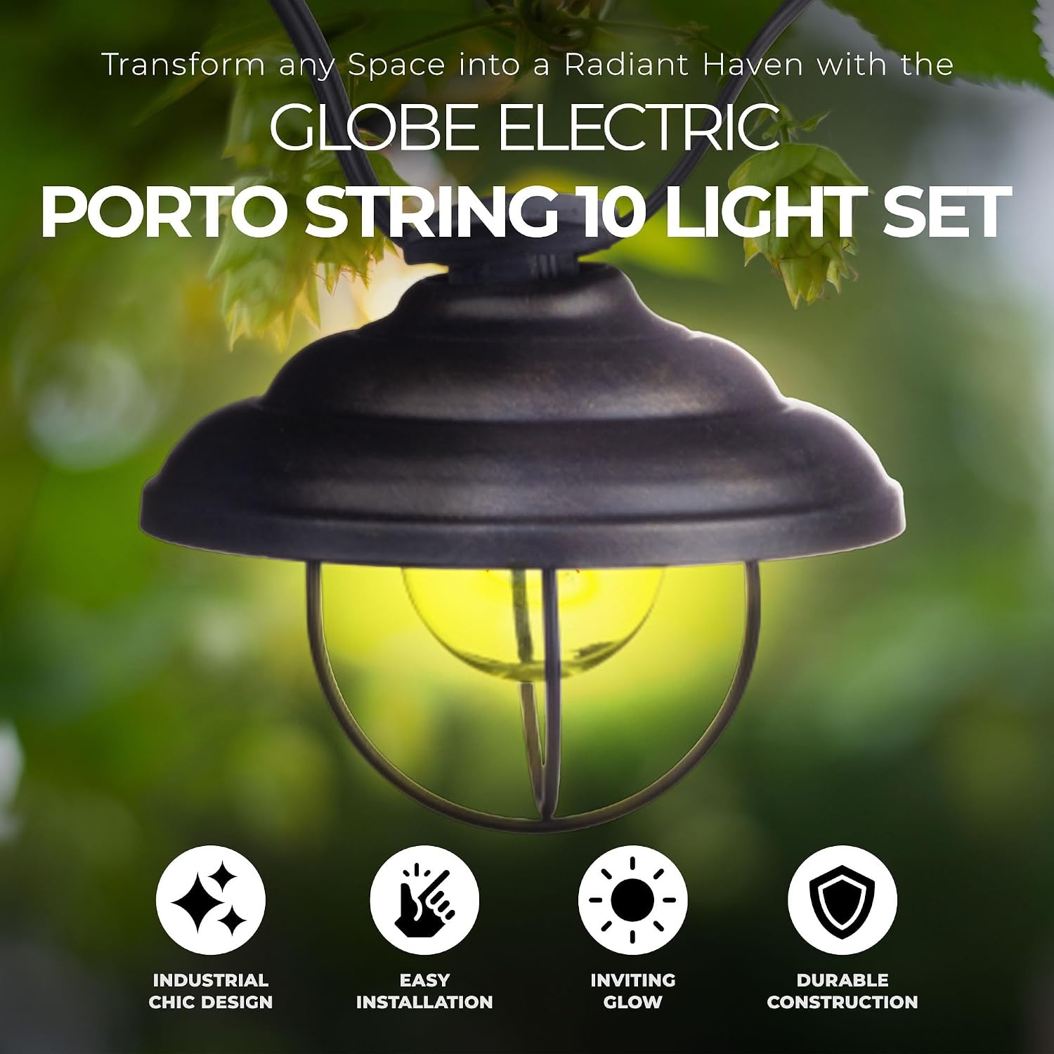 image:imageGlobe Electric Porto String 10 Light Set with Incandescent Design and Metal Cage for Indoor Spaces Kitchen and Patio Use Black