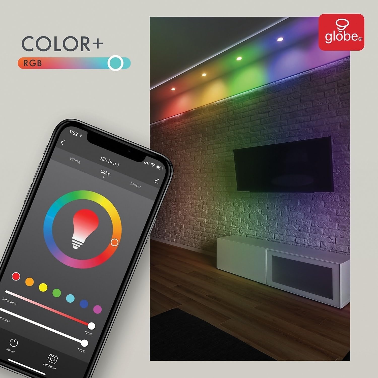image:imageGlobe Electric WiFi Smart 10 Watt 65W Equivalent Multicolor Changing RGB Tunable White Frosted LED Light Bulb No Hub Required Voice Activated 2000K 5000K BR30 Shape E26 Base50035