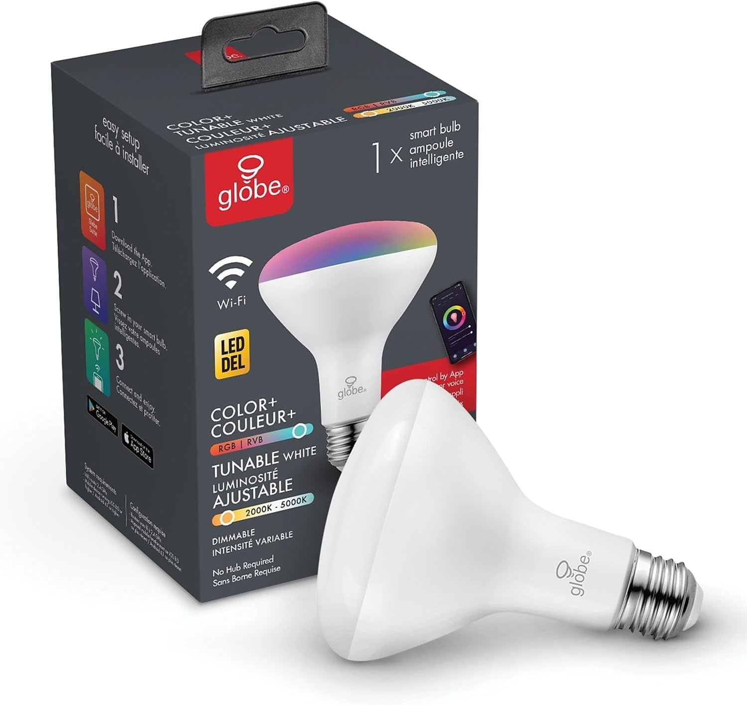 image:imageGlobe Electric WiFi Smart 10 Watt 65W Equivalent Multicolor Changing RGB Tunable White Frosted LED Light Bulb No Hub Required Voice Activated 2000K 5000K BR30 Shape E26 Base50035