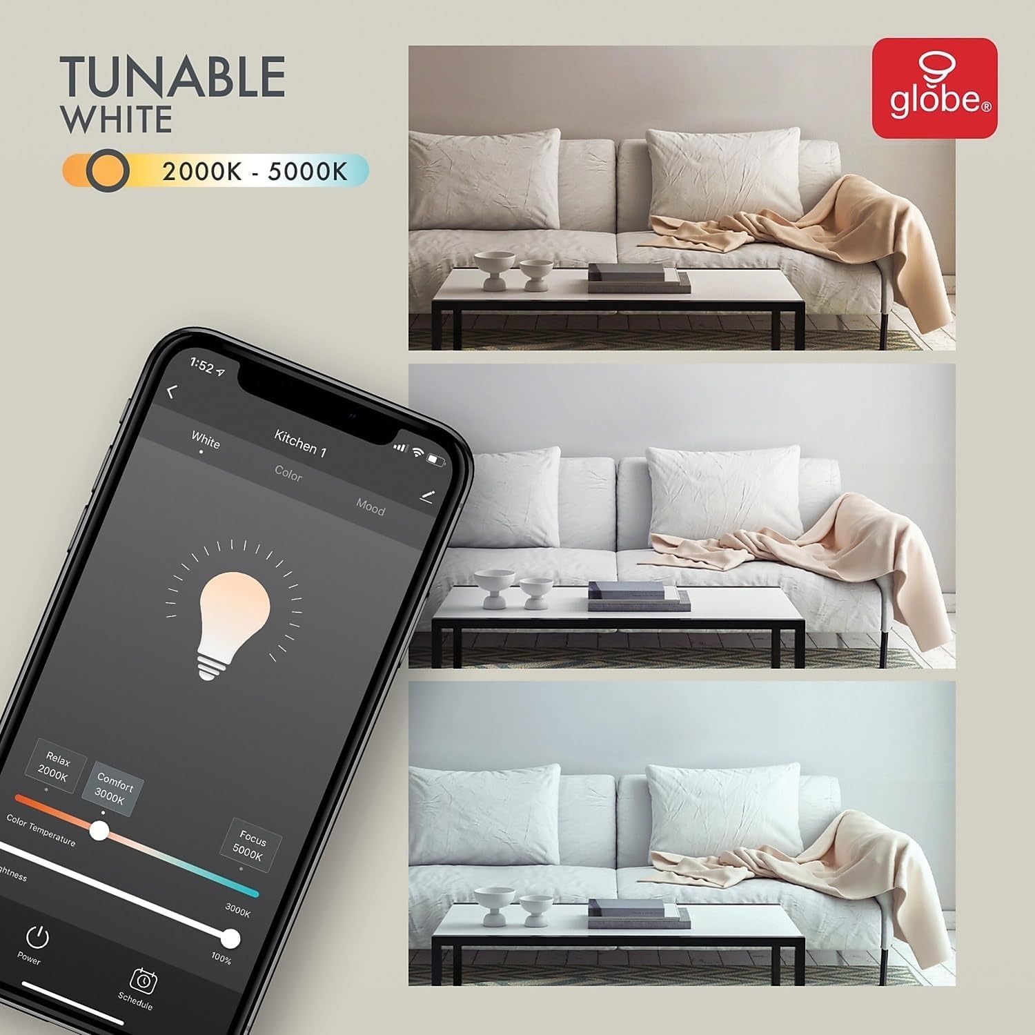 image:imageGlobe Electric WiFi Smart 10 Watt 65W Equivalent Multicolor Changing RGB Tunable White Frosted LED Light Bulb No Hub Required Voice Activated 2000K 5000K BR30 Shape E26 Base50035