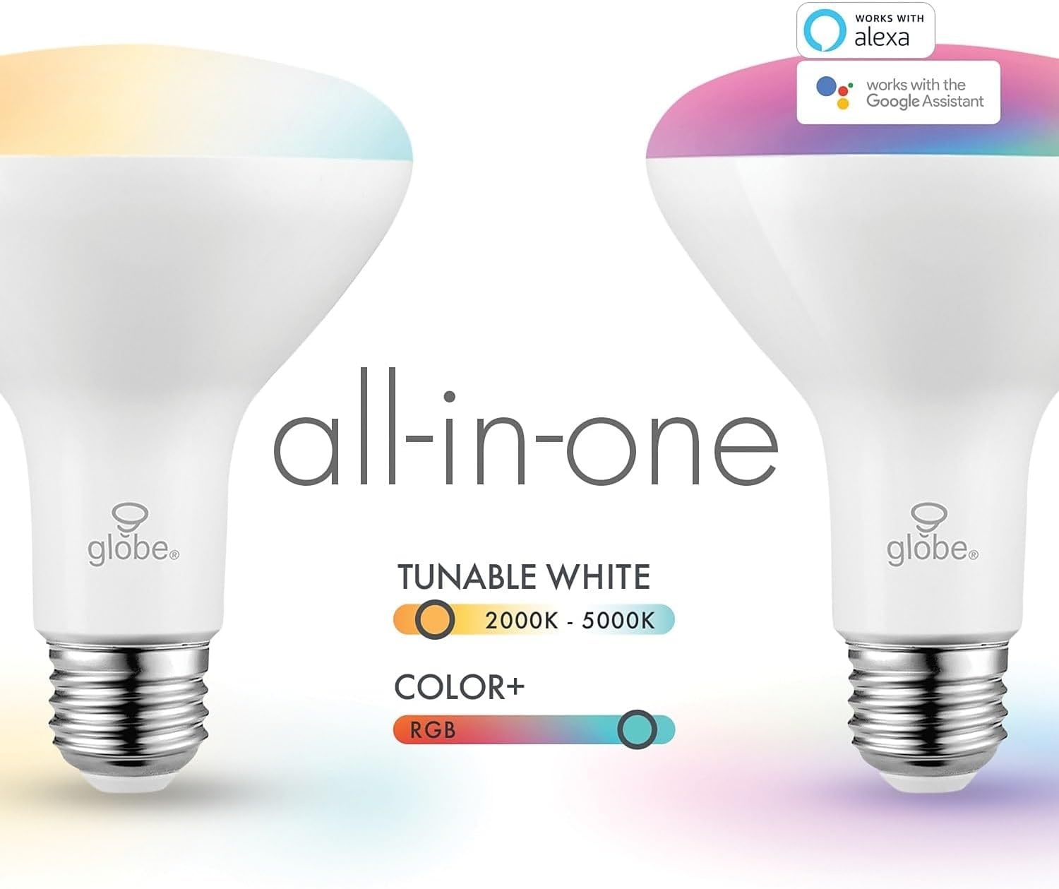 image:imageGlobe Electric WiFi Smart 10 Watt 65W Equivalent Multicolor Changing RGB Tunable White Frosted LED Light Bulb No Hub Required Voice Activated 2000K 5000K BR30 Shape E26 Base50035