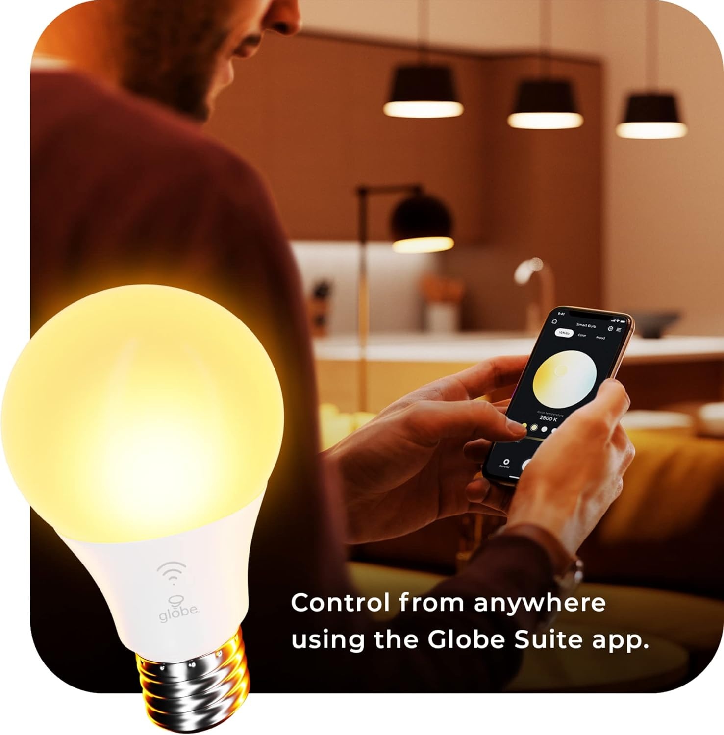 image:imageGlobe Electric WiFi Smart 10W LED Bulb Multicolor RGB Tunable White 2000K5000K A19 Shape E26 Base App Voice Control No Hub Required 34212Color Changing