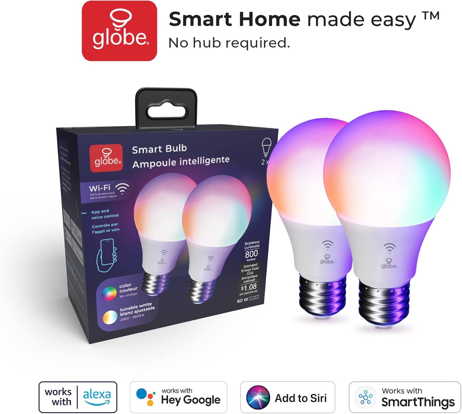 image:imageGlobe Electric WiFi Smart 10W LED Bulb Multicolor RGB Tunable White 2000K5000K A19 Shape E26 Base App Voice Control No Hub Required 34212Color Changing