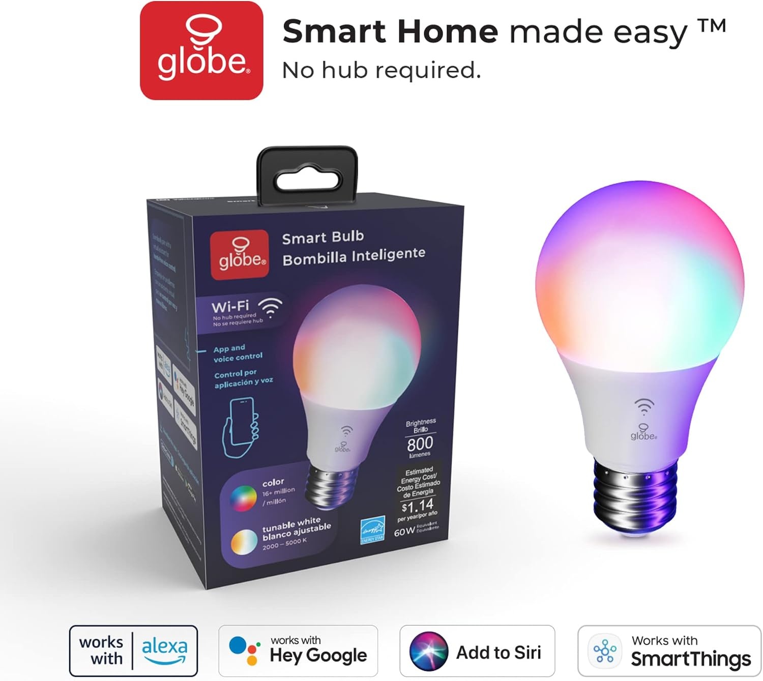 image:imageGlobe Electric WiFi Smart 10W LED Bulb Multicolor RGB Tunable White 2000K5000K A19 Shape E26 Base App Voice Control No Hub Required 34212Color Changing 1pack