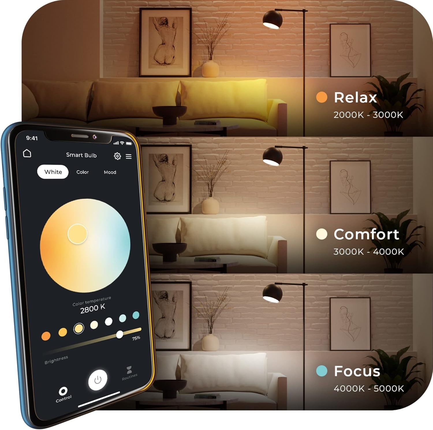 image:imageGlobe Electric WiFi Smart 10W LED Bulb Multicolor RGB Tunable White 2000K5000K A19 Shape E26 Base App Voice Control No Hub Required 34212Color Changing