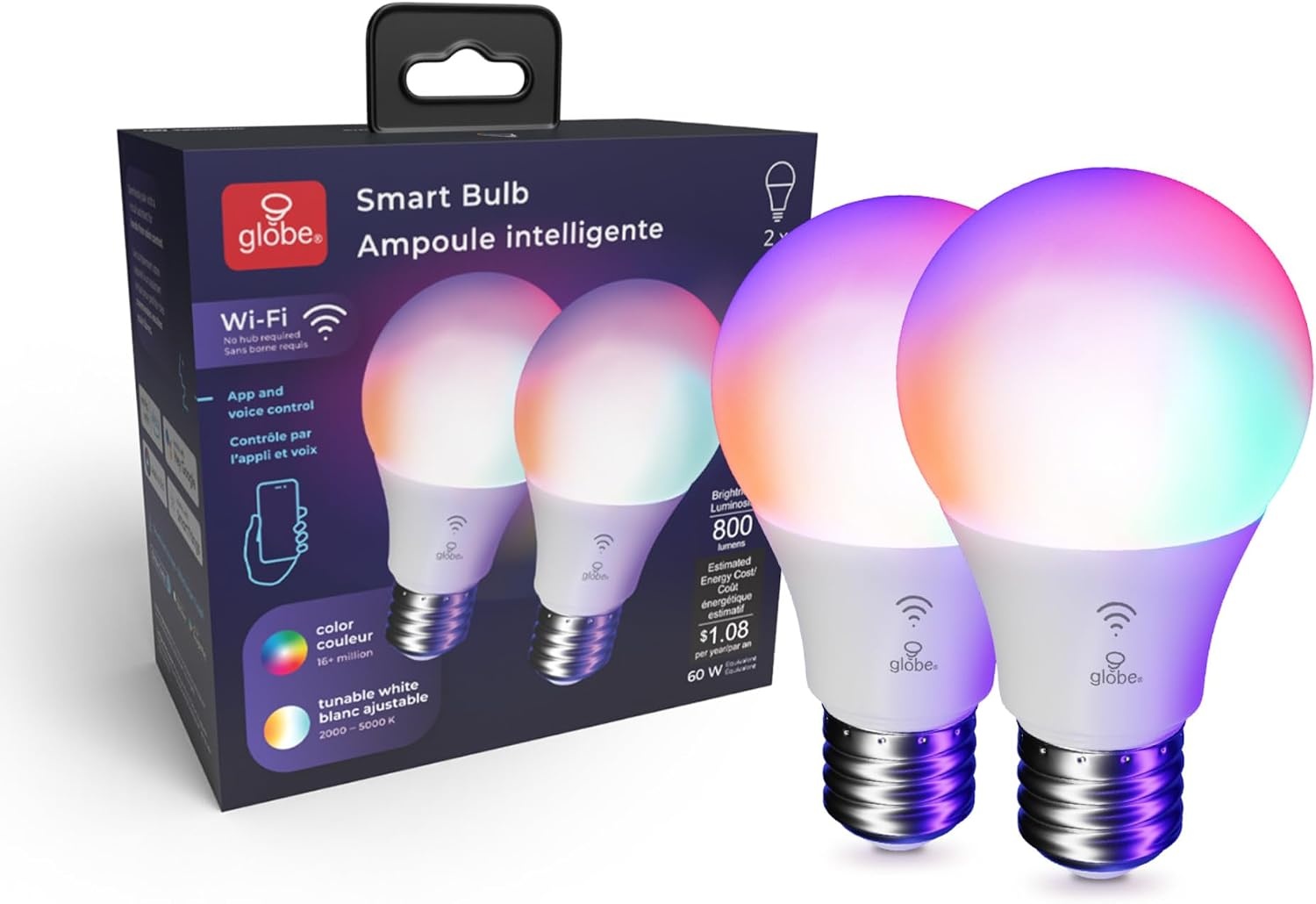 image:imageGlobe Electric WiFi Smart 10W LED Bulb Multicolor RGB Tunable White 2000K5000K A19 Shape E26 Base App Voice Control No Hub Required 34212Color Changing