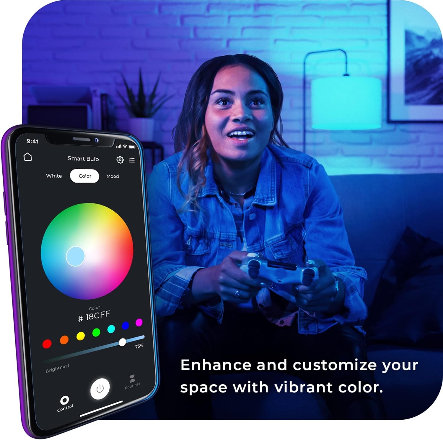 image:imageGlobe Electric WiFi Smart 10W LED Bulb Multicolor RGB Tunable White 2000K5000K A19 Shape E26 Base App Voice Control No Hub Required 34212Color Changing 1pack