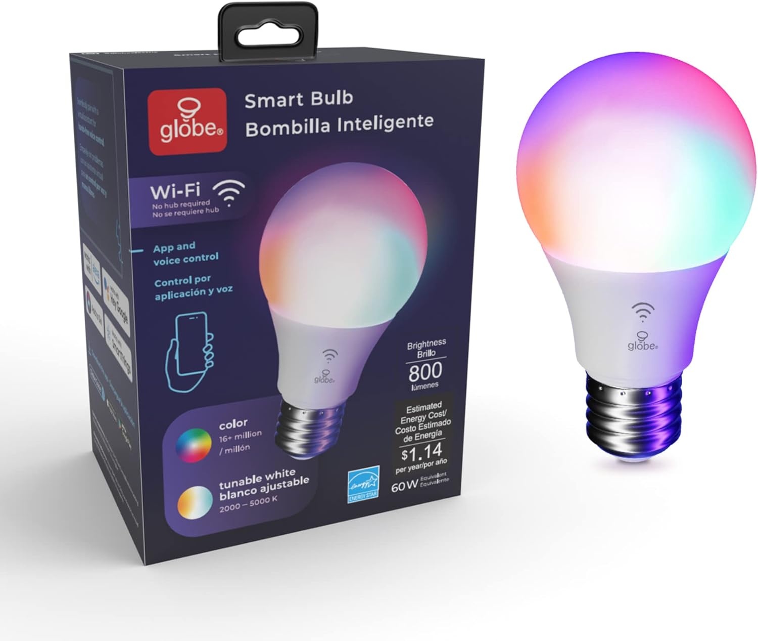 image:imageGlobe Electric WiFi Smart 10W LED Bulb Multicolor RGB Tunable White 2000K5000K A19 Shape E26 Base App Voice Control No Hub Required 34212Color Changing 1pack