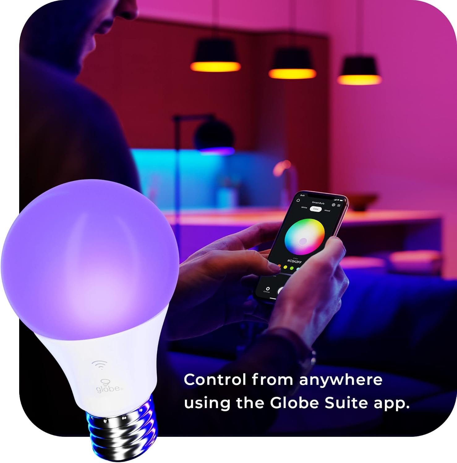 image:imageGlobe Electric WiFi Smart 10W LED Bulb Multicolor RGB Tunable White 2000K5000K A19 Shape E26 Base App Voice Control No Hub Required 34212Color Changing 1pack