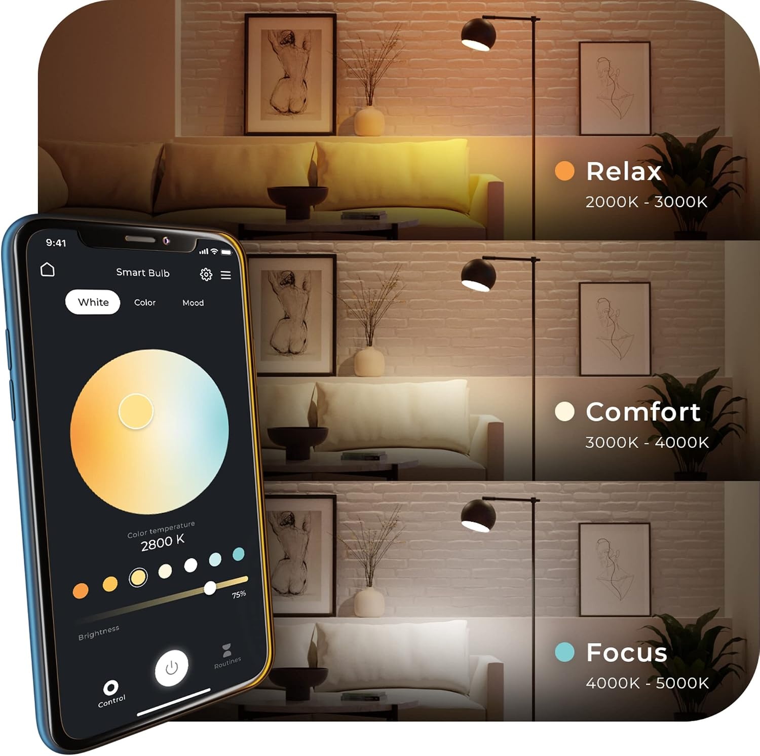 image:imageGlobe Electric WiFi Smart 10W LED Bulb Multicolor RGB Tunable White 2000K5000K A19 Shape E26 Base App Voice Control No Hub Required 34212Color Changing 1pack