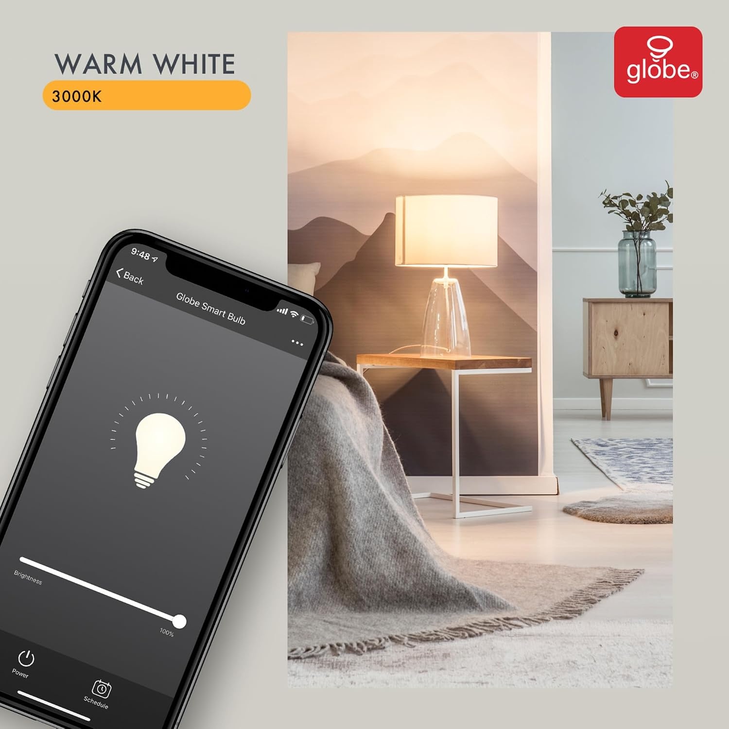 image:imageGlobe Electric WiFi Smart 10W LED Bulb Multicolor RGB Tunable White 2000K5000K A19 Shape E26 Base App Voice Control No Hub Required 34212Warm White