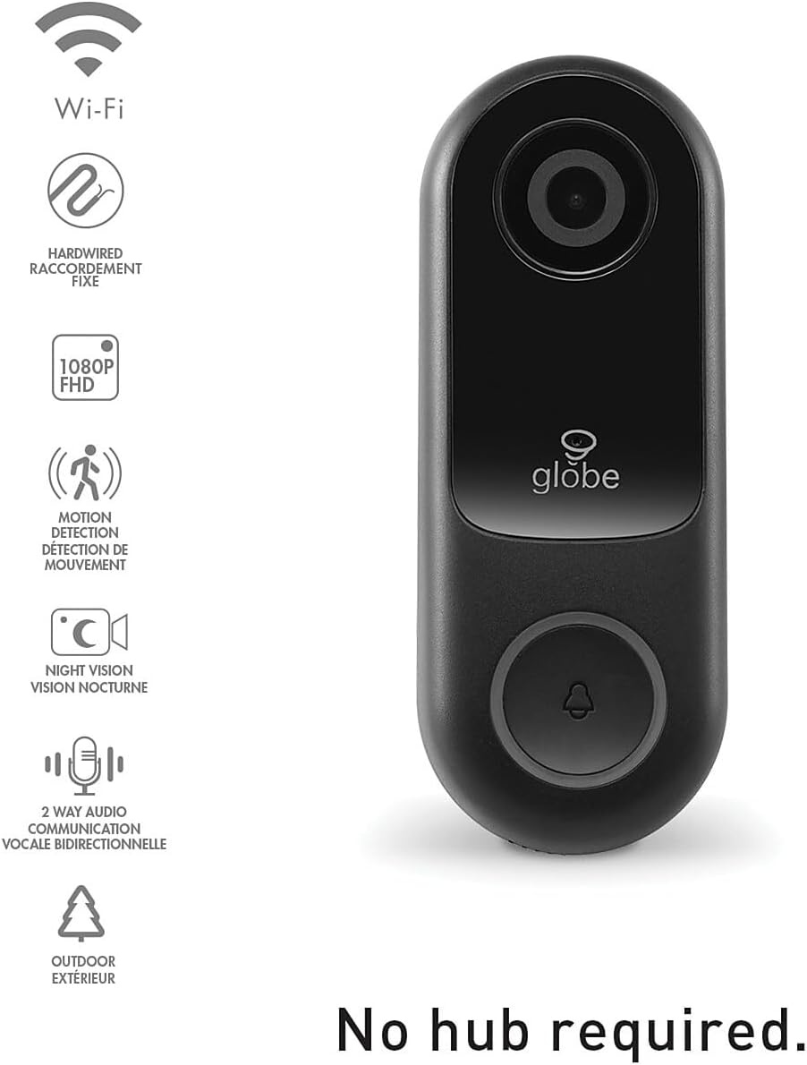 image:imageGlobe Electric WiFi Smart Video Doorbell Hardwired No Hub Required IP54 Rated 1080p Motion Detection 2Way Voice Night Vision Black