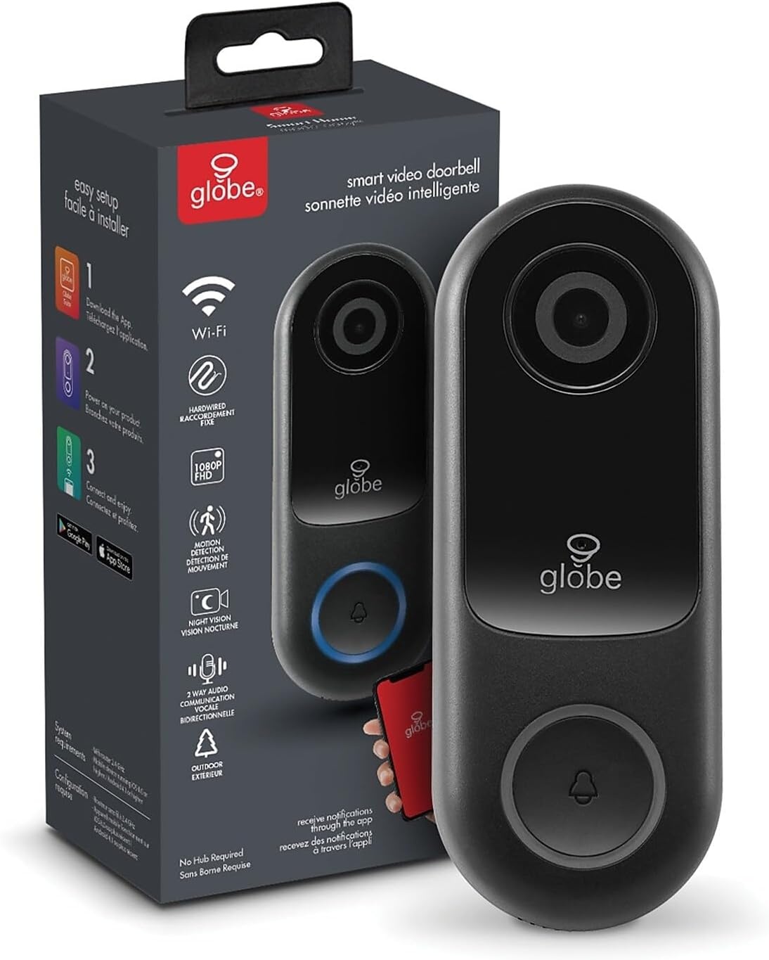 image:imageGlobe Electric WiFi Smart Video Doorbell Hardwired No Hub Required IP54 Rated 1080p Motion Detection 2Way Voice Night Vision Black