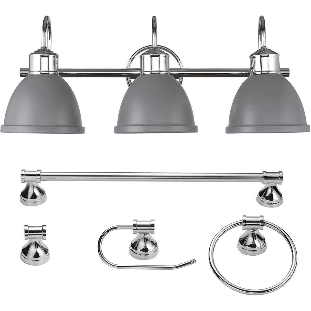 image:imageGLOBE Electric Sydney 5Piece Bathroom Set Matte Gray and Chrome 3Light Vanity Light Towel Bar Towel Ring Robe Hook Toilet Paper Holder