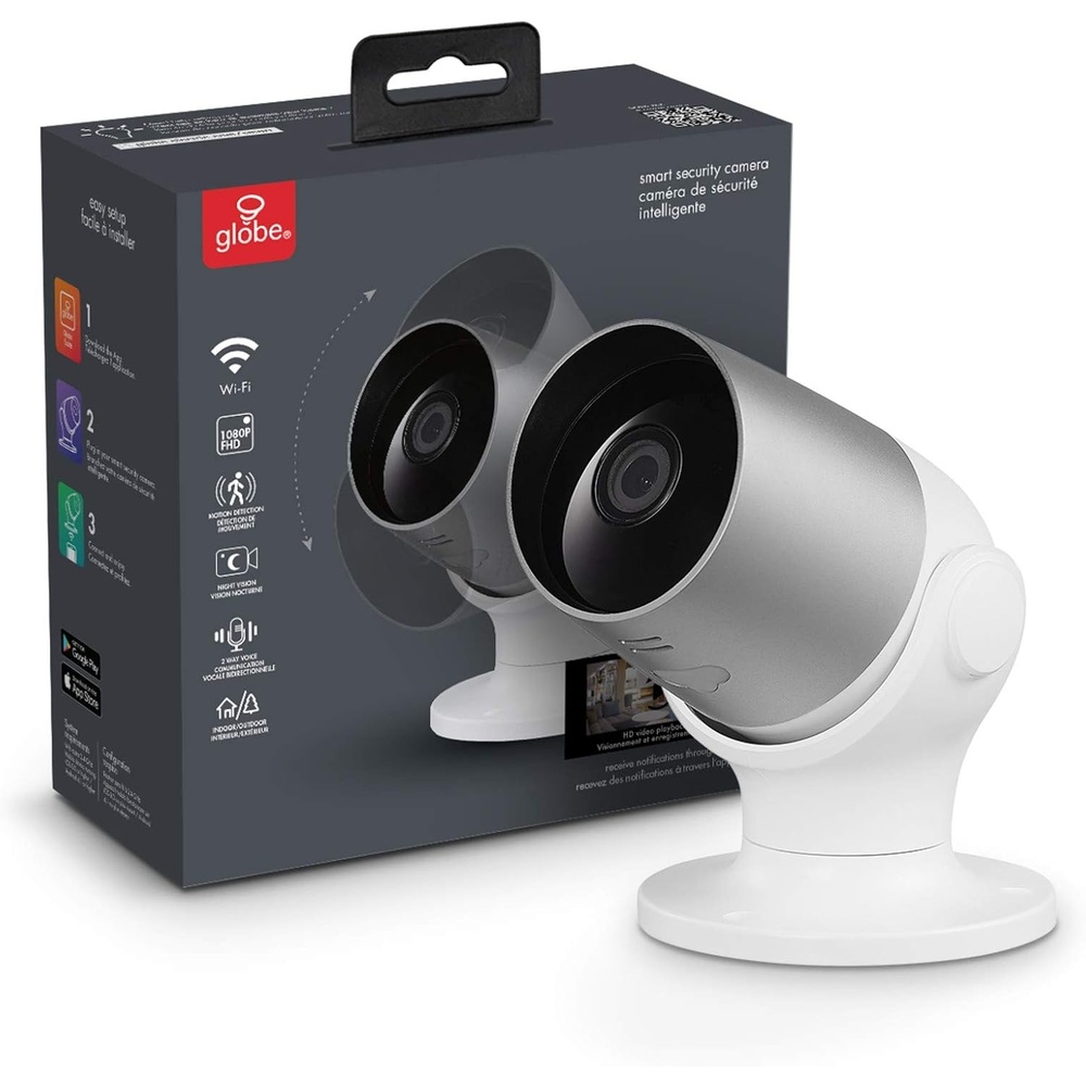 image:imageGLOBE Electric WiFi Smart IndoorOutdoor Security Camera No Hub Required Voice Activated 1080p Motion Detection 2Way Voice Night Vision Silver and White50108