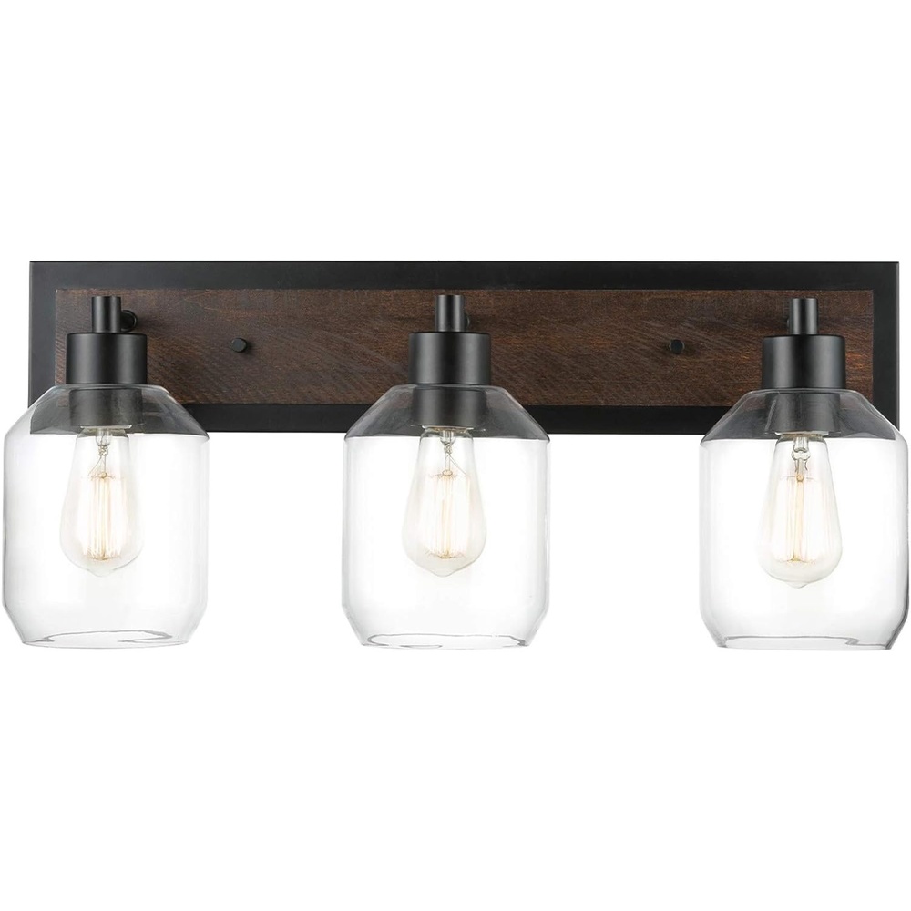 image:imageGLOBE Electric Williamsburg 3Light Vanity Light Matte Black Faux Wood Accent Clear Glass Shades