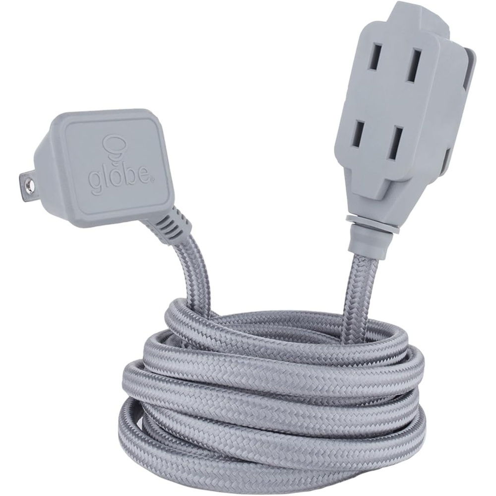 image:imageGlobe Electric 22810 9ft Fabric Extension Cord 3 Polarized Outlets Right Angle Plug 125 Volts Black Home and Office Decor Modern Electronic Accessories Indoor Flexible Power CableMetallic Gray