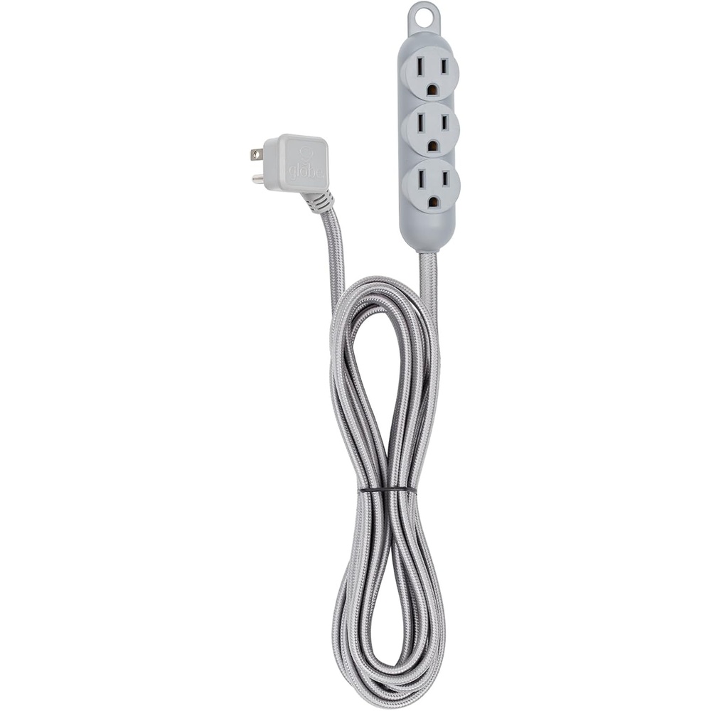 image:imageGlobe Electric 22971 Designer Series 12ft Fabric Extension Cord 3 Grounded Outlets Right Angle Plug 125Volts Integrated Hanging Hook Metallic Gray FinishMetallic Gray