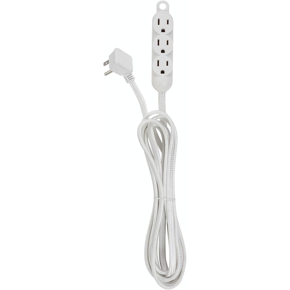 image:imageGlobe Electric 22986 12ft Fabric Extension Cord 3 Grounded Outlets Right Angle Plug Integrated Hanging Hook White Home Decor Modern Electronic Accessories Indoor Power CablePack of 1
