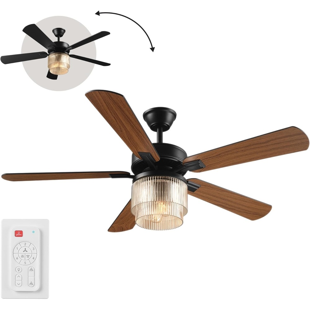 image:imageGlobe Electric 37000023 52 2Light Ceiling Fan with Glass Shade Remote Control WhisperQuiet DC Motor 6 Speeds Matte Black IndoorOutdoorBlack Harmony