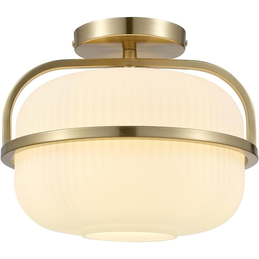 image:imageGlobe Electric 3Light Flush Mount Ceiling Light Brass Frosted Ribbed Glass Shade Updated Traditional Style for Home LightingBrass  Frosted Ribbed Glass Shade