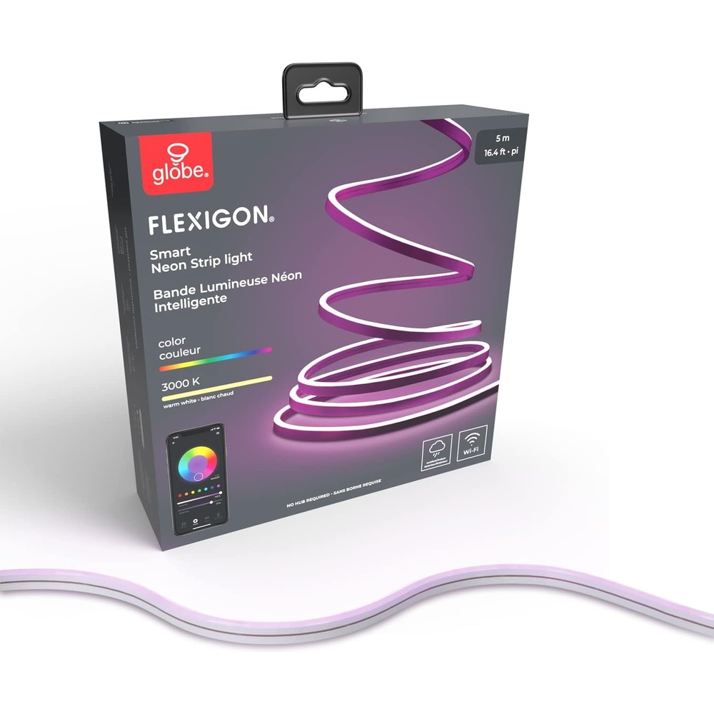 image:imageGlobe Electric 50273 WiFi Smart Flexigon Multicolor Changing RGB LED Plugin Outdoor Indoor Neon Strip Light No Hub Required Voice Activated 5 Meters164 Feet IP65 Rated 3000 Kelvin
